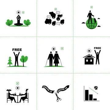 Set of vector icons of end of quarantine, virus epidemic. Victory over COVID-19. Illustrazione stock