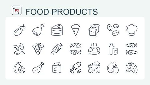 A set of vector icons of fine line, food and drinks. Stock Illustration