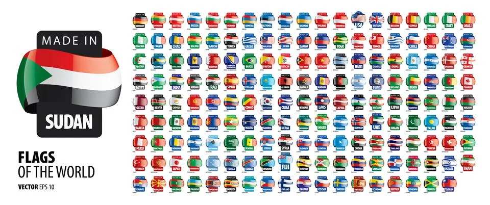 A set of vector icons with flags of countries and with the inscription made in Stock Illustration