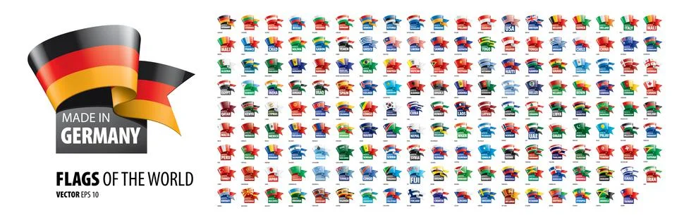 A set of vector icons with flags of countries and with the inscription made in Stock Illustration