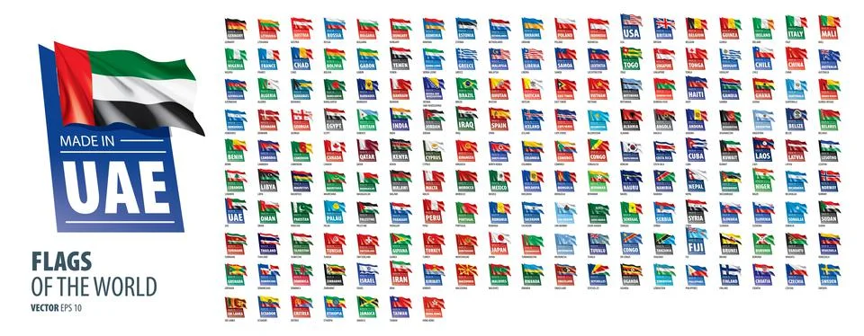 A set of vector icons with flags of countries and with the inscription made in Stock Illustration