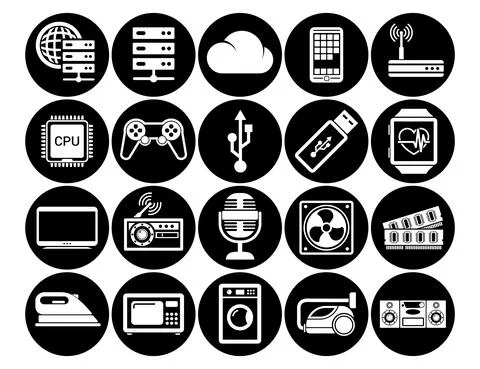 Set vector icons in flat design technology smart city house internet of thing 스톡 일러스트