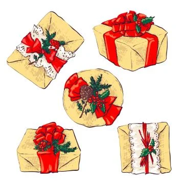 Set of vector icons in flat style for Christmas. Stylish set of gifts and Stock Illustration