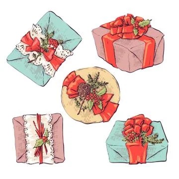 Set of vector icons in flat style for Christmas. Stylish set of gifts and Stock Illustration