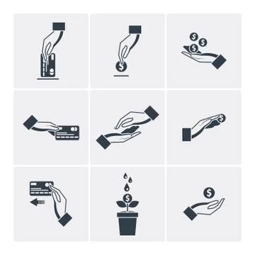 Set of vector icons with hands holding the coins and credit cards Stock Illustration