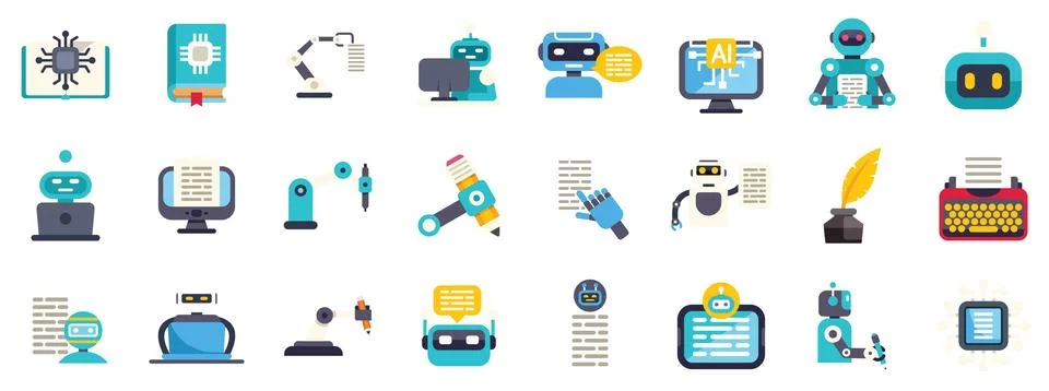 Set of vector icons representing ai writing and creating content automaticall Illustrazione stock