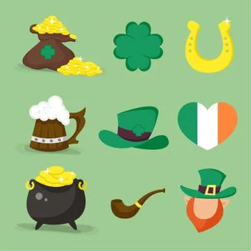 Set of vector icons for St.Patrick's day design.Four-leaf clover, golden hors Stock Illustration