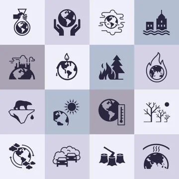 Set of vector icons on the theme of ecology, global warming and ecology probl Stock Illustration