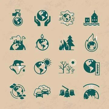 Set of vector icons on the theme of ecology, global warming and ecology problems Stock Illustration