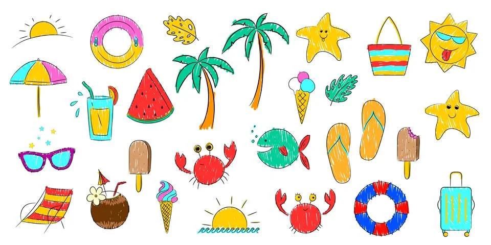A set of vector icons on the theme of summer holidays on the sea coast Stock Illustration