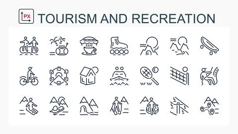 A set of vector icons from a thin line for travel and leisure. Stock Illustration