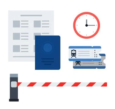 Set vector icons tram equipment and driver and passenger documents in flat Stock Illustration