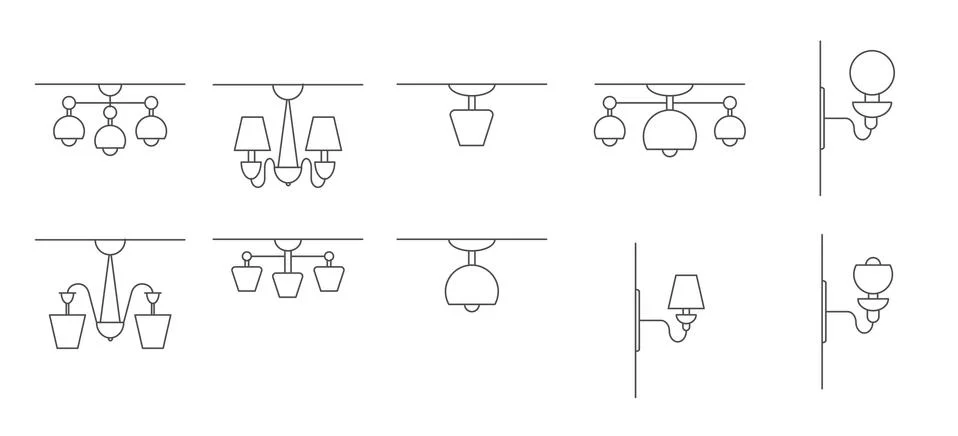 Set of vector icons for wall sconces, wall and ceiling lamps. Stock illustrat Stock Illustration
