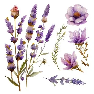Set vector illustation of watercolor provance lavender isolate on white Stock Illustration