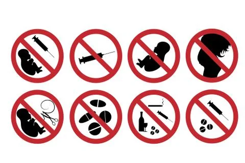 Set of vector illustration of abortion and drugs symbol on white background.  Illustrazione stock