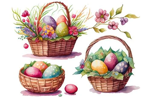 Set vector illustration of aester colorful eggs inside wicker basket isolation Stock Illustration