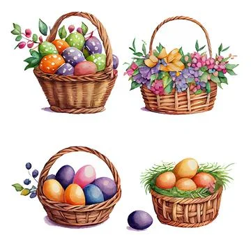 Set vector illustration of aester colorful eggs inside wicker basket isolation Stock Illustration