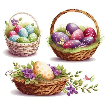 Set vector illustration of aester colorful eggs inside wicker basket isolation Stock Illustration