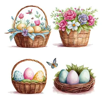Set vector illustration of aester colorful eggs inside wicker basket isolation Stock Illustration