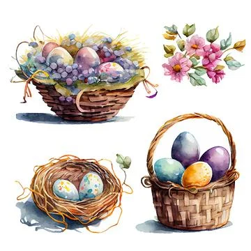 Set vector illustration of aester colorful eggs inside wicker basket isolation Stock Illustration