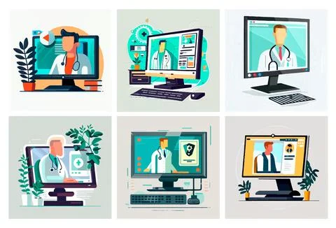 Set vector illustration of computer screen with doctor international health day Stock Illustration