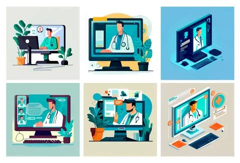 Set vector illustration of computer screen with doctor international health day Stock Illustration