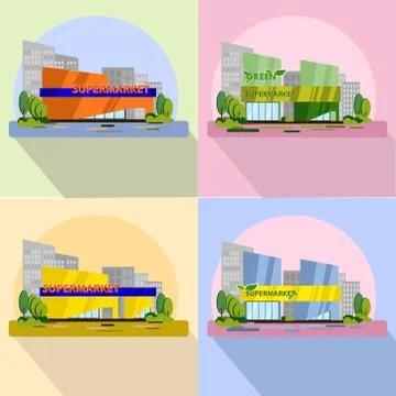 Set of vector illustration design shop store, supermarket, green supermarket, Stock Illustration