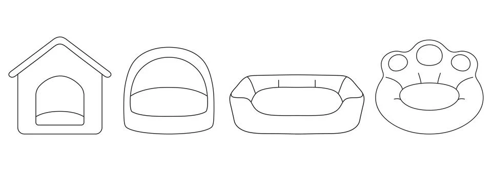 Set vector illustration, different types of pet beds, simple linear icons, .. Illustrazione stock