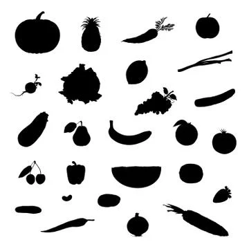 Set Of Vector Illustration Fruit And Vegetable Black Silhouettes Stock Illustration