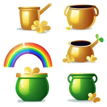 Set vector illustration of gold coins iin magic pot solate on white background Stock Illustration