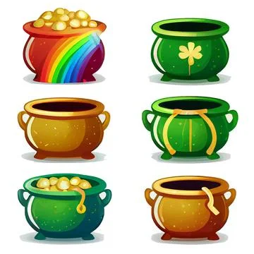 Set vector illustration of gold coins iin magic pot solate on white background Stock Illustration