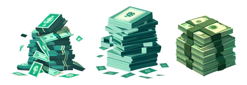 Set vector illustration of green heap of money paper isolated on white Stock Illustration