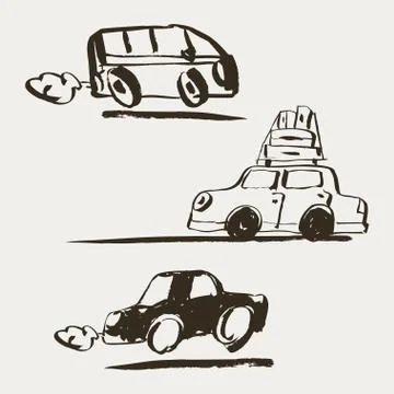 Set of vector illustration. Hand drawn retro car that travels. Stock Illustration