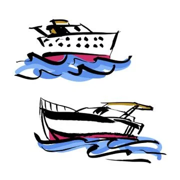 Set of vector illustration. Hand drawn yacht, powerboat and hand written Stock Illustration