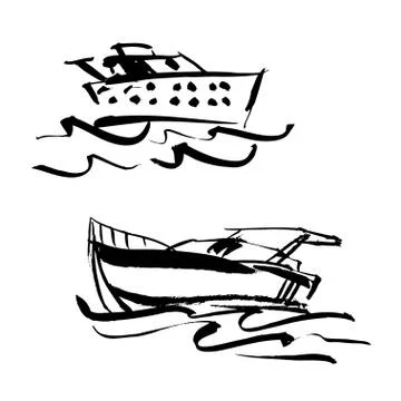 Set of vector illustration. Hand drawn yacht, powerboat and hand written Stock Illustration
