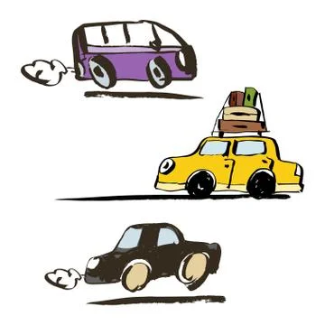 Set of vector illustration. Hand drawn retro car that travels. Stock Illustration