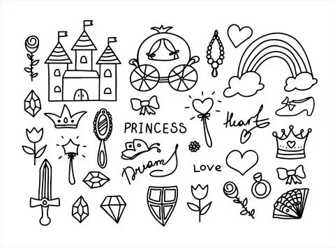 Set Vector Illustration Hand-Drawn Sketchy Fairy Tale Princess Tiara Crown Stock Illustration