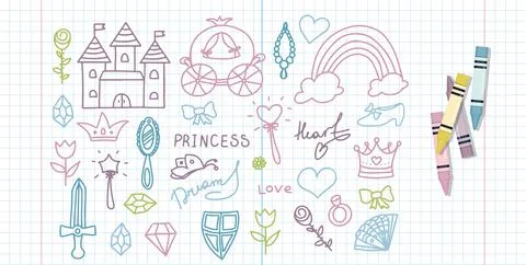 Set Vector Illustration Hand-Drawn Sketchy Fairy Tale Princess Tiara Crown 스톡 일러스트