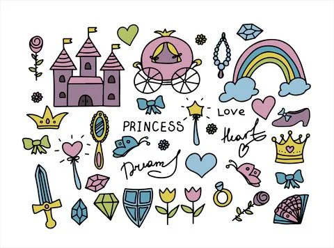 Set Vector Illustration Hand-Drawn Sketchy Fairy Tale Princess Tiara Crown Stock Illustration
