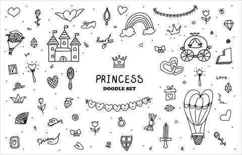 Set Vector Illustration Hand-Drawn Sketchy Fairy Tale Princess Tiara Crown Stock Illustration