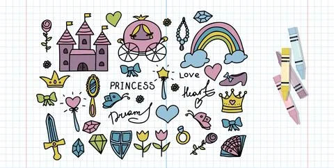 Set Vector Illustration Hand-Drawn Sketchy Fairy Tale Princess Tiara Crown 스톡 일러스트