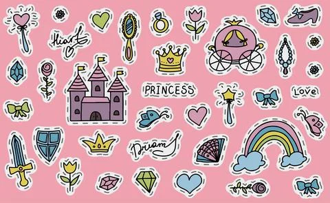 Set Vector Illustration Hand-Drawn Sketchy Fairy Tale Princess Tiara Crown 스톡 일러스트