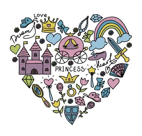 Set Vector Illustration Hand-Drawn Sketchy Fairy Tale Princess Tiara Crown 스톡 일러스트