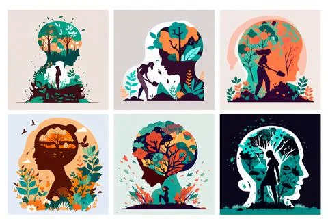 Set vector illustration of head with plant blooming inside world mental health Ilustração Stock