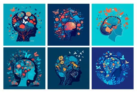 Set vector illustration of head with plant blooming inside world mental health Stock Illustration
