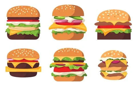 Set vector illustration of homemade big juicy hamburger isolated on white Stock Illustration