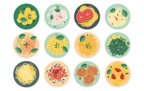 Set vector illustration of homemade big spaghetti dishes isolated on white Stock Illustration