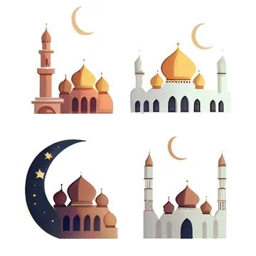 Set vector illustration of islamic style mosque and crescent isolated on white Stock Illustration