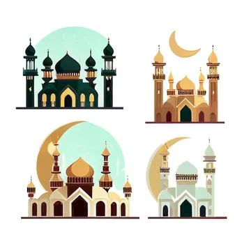 Set vector illustration of islamic style mosque and crescent isolated on white Stock Illustration
