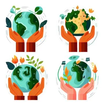 Set vector illustration isolation of earth planet on hands on white background Stock Illustration